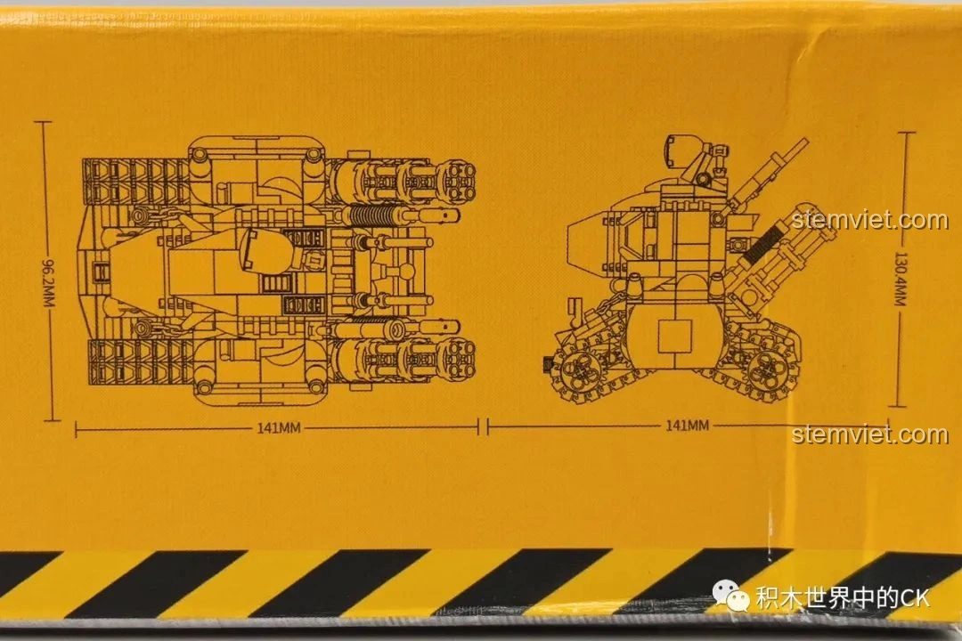 Kích thước chi tiết của mô hình xe tăng SV-001/II Hợp Kim Đầu Metal Slug 2 trên hộp sản phẩm CaDA SY 1627.