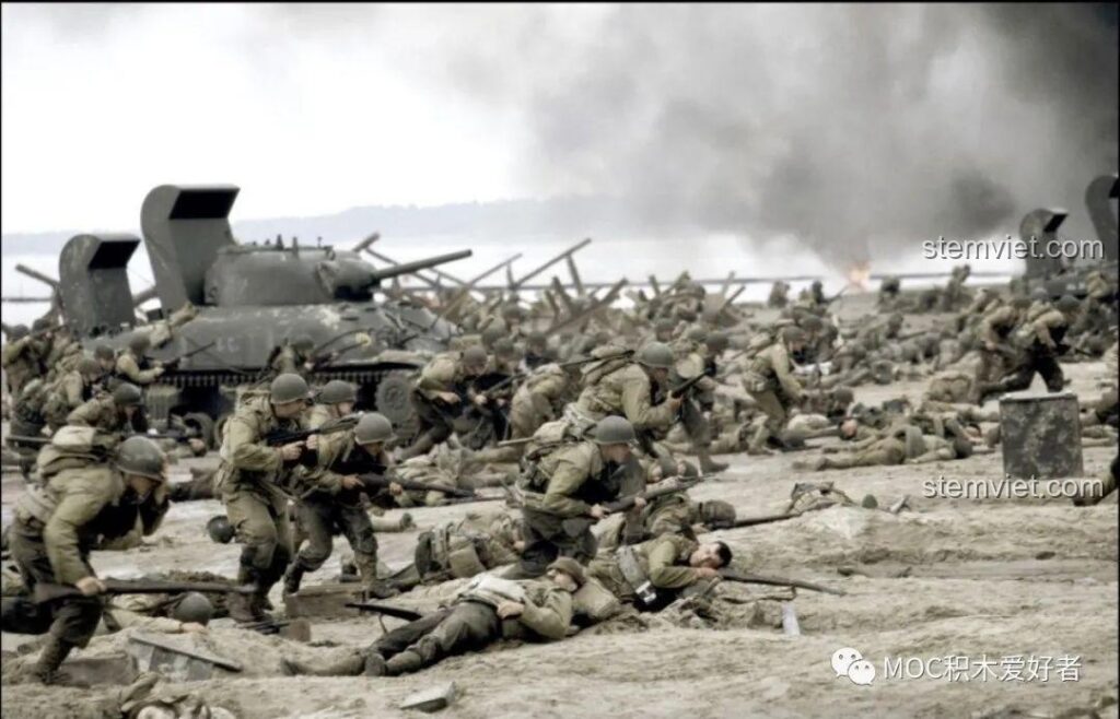 Cảnh phim Giải cứu binh nhì Ryan tái hiện cuộc đổ bộ Normandy, nguồn cảm hứng cho bộ lắp ráp Sluban M38-B0861.