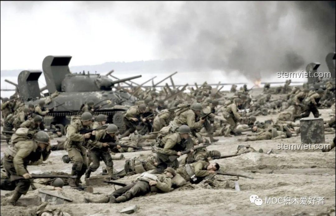 Cảnh phim Giải cứu binh nhì Ryan tái hiện cuộc đổ bộ Normandy, nguồn cảm hứng cho bộ lắp ráp Sluban M38-B0861.
