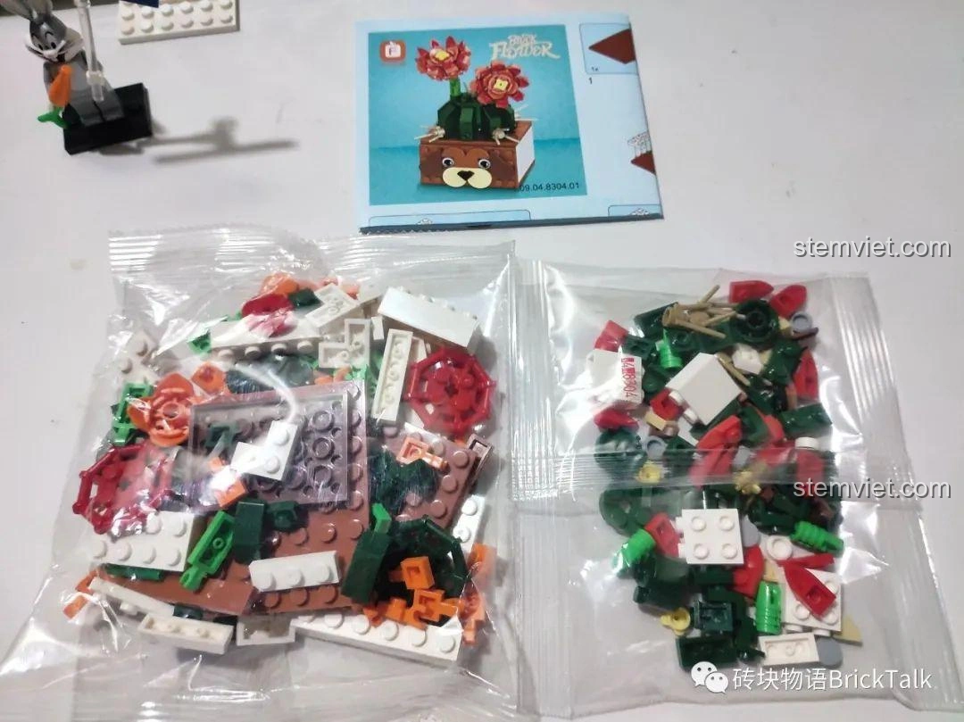 Bên trong hộp Forange FC8304 Cây Xương Rồng Nở Hoa gồm các túi linh kiện và sách hướng dẫn lắp ráp chi tiết, rõ ràng.