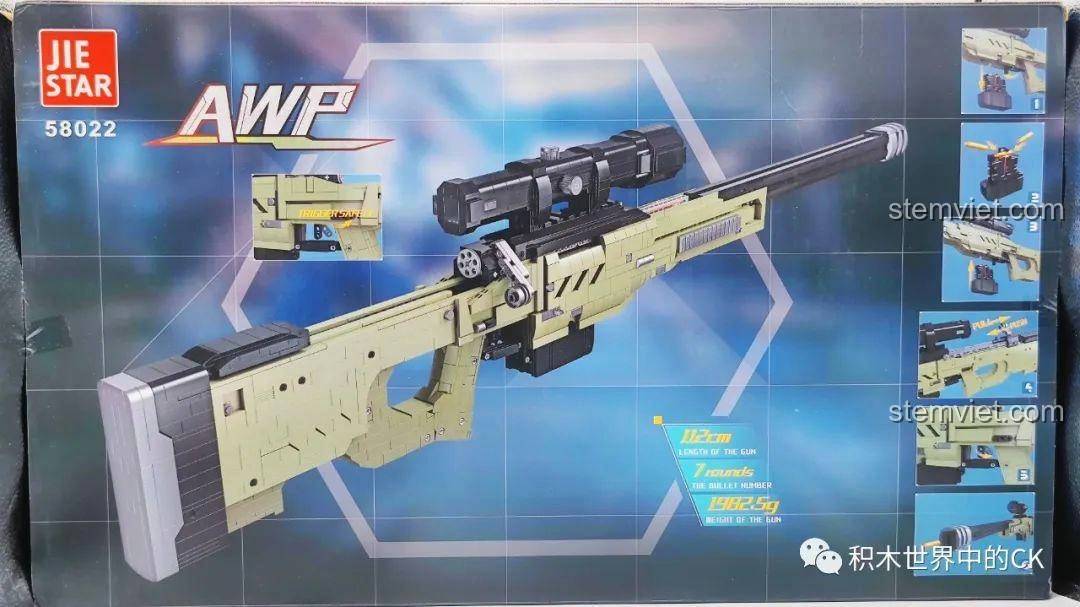 Mặt trước hộp bộ lắp ráp JIESTAR Súng AWP 58022 bắn tỉa, hiển thị các tính năng nổi bật và kích thước mô hình.