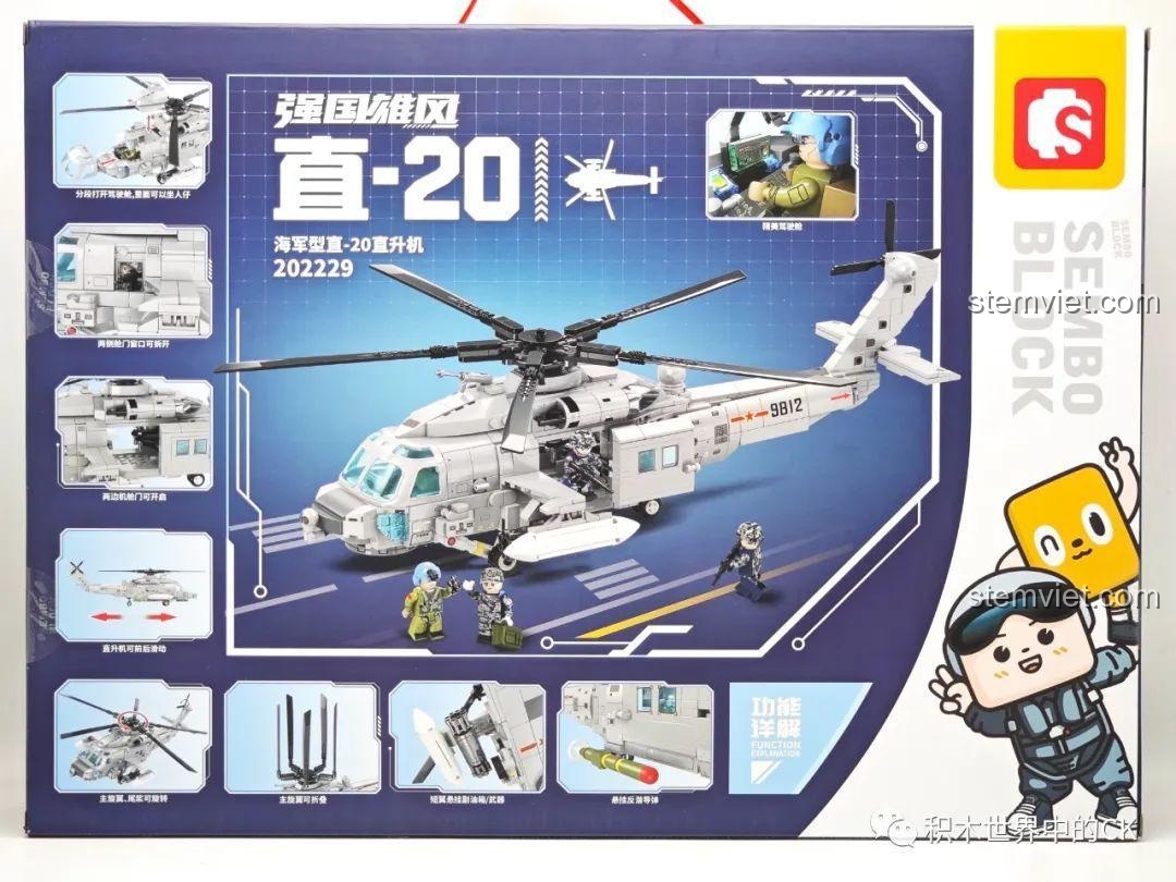 Mặt sau hộp bộ xếp hình SEMBO 202229 chất lượng cao, mô tả các tính năng của Trực thăng Tấn công Hải quân Z-20.