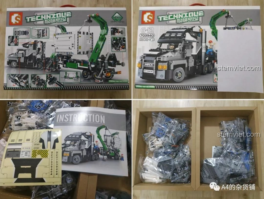 Nội dung bên trong hộp bộ lắp ráp Xe Tải Container Cơ Khí SEMBO 703940 bao gồm sách hướng dẫn, túi linh kiện và tấm sticker.