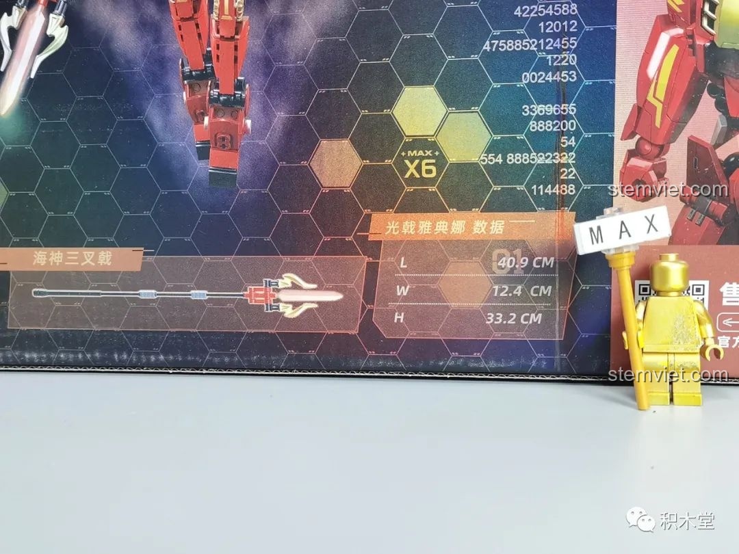 Cận cảnh thông số kích thước của Robot Cơ Giáp Quang Kích Athena M38-B1152 trên hộp, cho thấy mô hình khá lớn và ấn tượng.