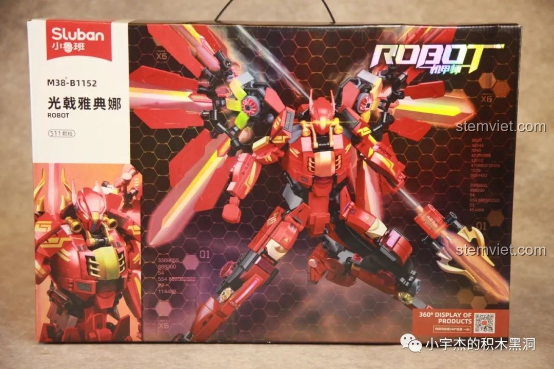 Mặt trước hộp của bộ lắp ráp Sluban M38-B1152 Robot Cơ Giáp Quang Kích Athena, với hình ảnh mô hình robot chiến đấu mạnh mẽ.