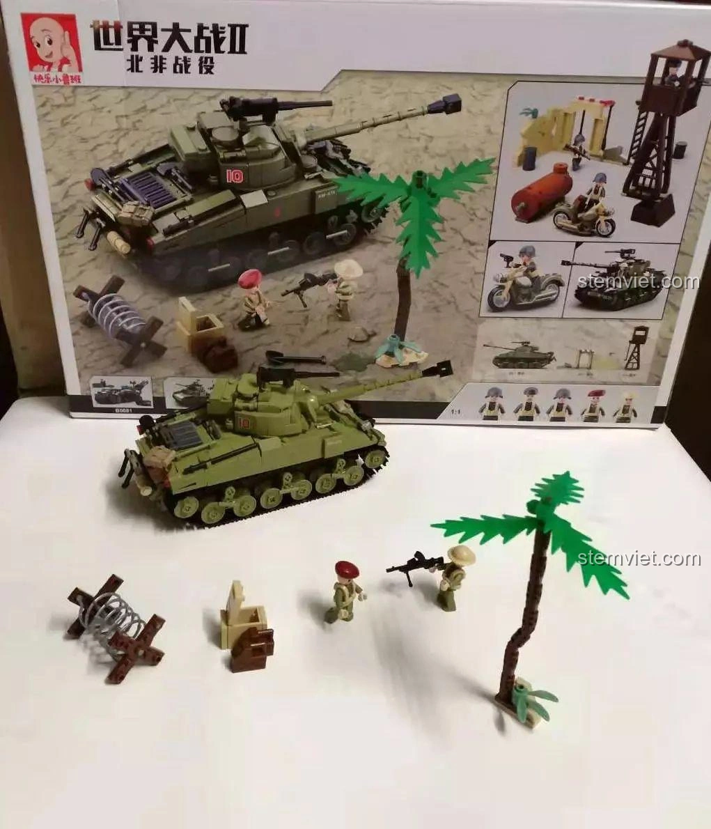 Cảnh quan chiến trường với xe tăng và các công trình của bộ lắp ráp Sluban M38B0713 mô hình xe tăng Thế chiến II, thể hiện tính đa dạng.