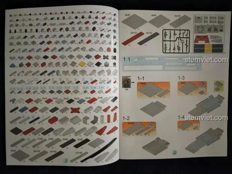 Trang sách hướng dẫn chi tiết của bộ WOMA 0897 với danh sách các mảnh ghép và các bước lắp ráp đầu tiên.
