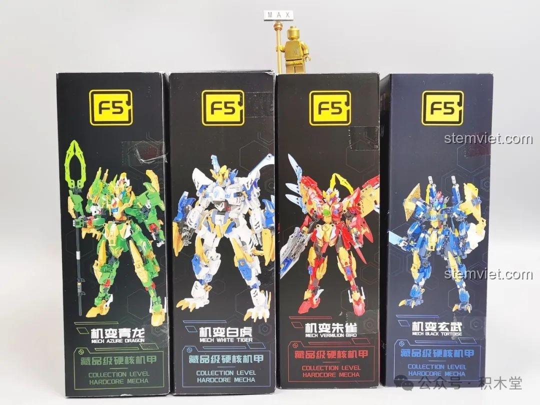 Cạnh bên của các hộp đồ chơi lắp ráp F5 Tứ Tượng, cho thấy thiết kế đồng bộ và tên của từng mẫu mecha.