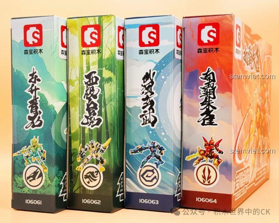 Cạnh bên của 4 hộp đồ chơi Robot Thần Thú Phương Đông, thiết kế đồng bộ và đẹp mắt, phù hợp để trưng bày.