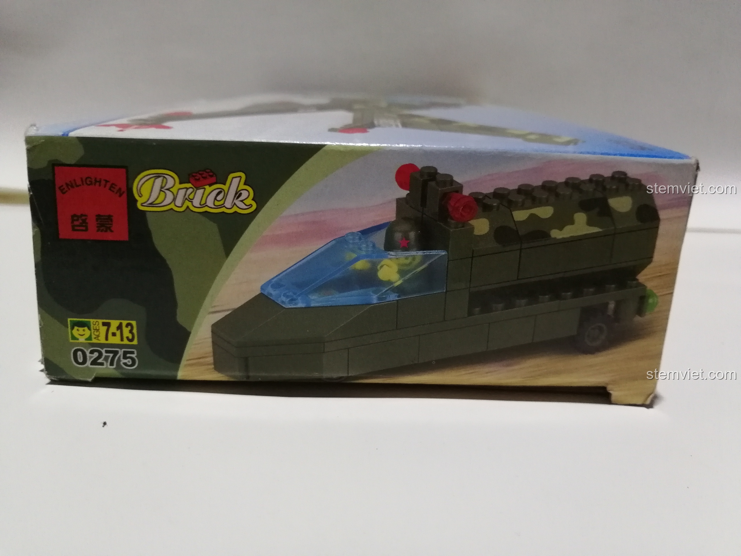 Cạnh bên của hộp đồ chơi lắp ghép Enlighten 0275, cho thấy hình ảnh mô hình thuyền tuần tra quân sự và mã sản phẩm.