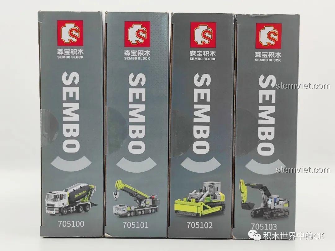 Cạnh bên hộp bộ lắp ráp xe công trình SEMBO x Zoomlion, hiển thị hình ảnh thu nhỏ của xe trộn bê tông, xe cẩu, xe ủi, xe xúc.