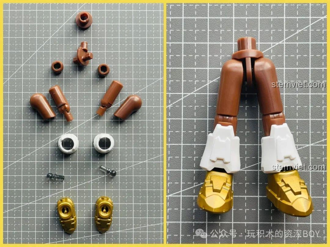 Các mảnh ghép và cấu trúc của phần chân mô hình Lưu Bị Chiến Giáp, đảm bảo độ vững chắc.