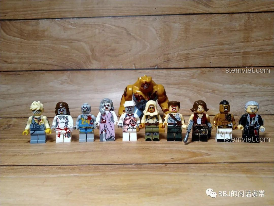 Toàn bộ 12 minifigures và bigfig từ bộ CAYI 1900 Cảnh Sát Sinh Hóa được xếp hàng ngang để trưng bày.