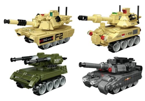 Bộ lắp ráp Xe tăng chiến đấu mini CAYI 1902C cho bé trai 6 tuổi, giá rẻ. Ảnh chụp 4 mô hình xe tăng và pháo phòng không.