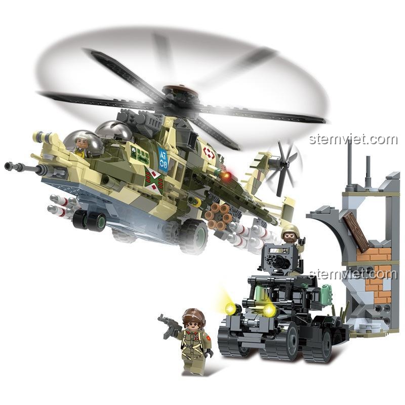 Hộp sản phẩm bộ xếp hình CAYI 2011 Nuclear War, mô hình trực thăng Mi-24 Hind, 976 mảnh (thực tế 891).