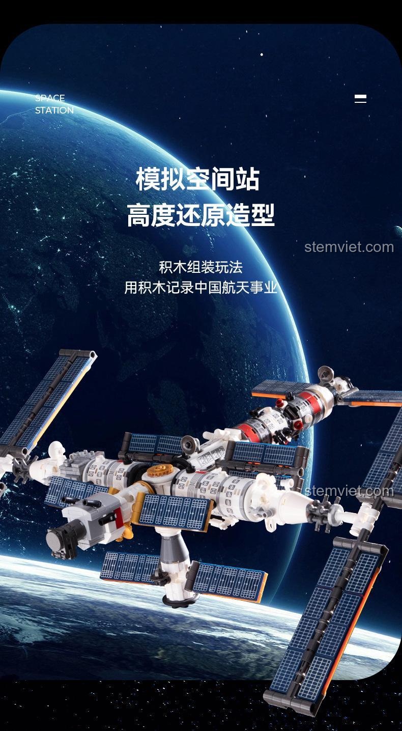 Mô hình Trạm không gian Thiên Cung CAYI bay trên quỹ đạo Trái Đất, thể hiện độ hoàn thiện cao và chi tiết.