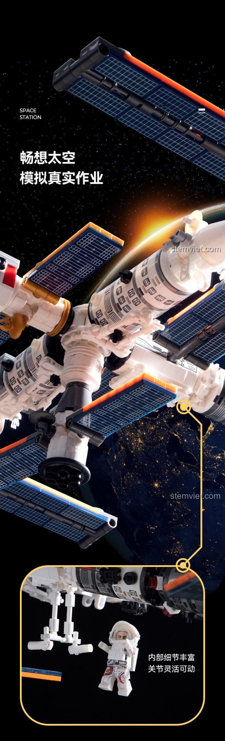 Mô phỏng hoạt động ngoài không gian với các chi tiết bên trong phong phú và khớp nối linh hoạt của bộ xếp hình Tiangong Space Station 3028.