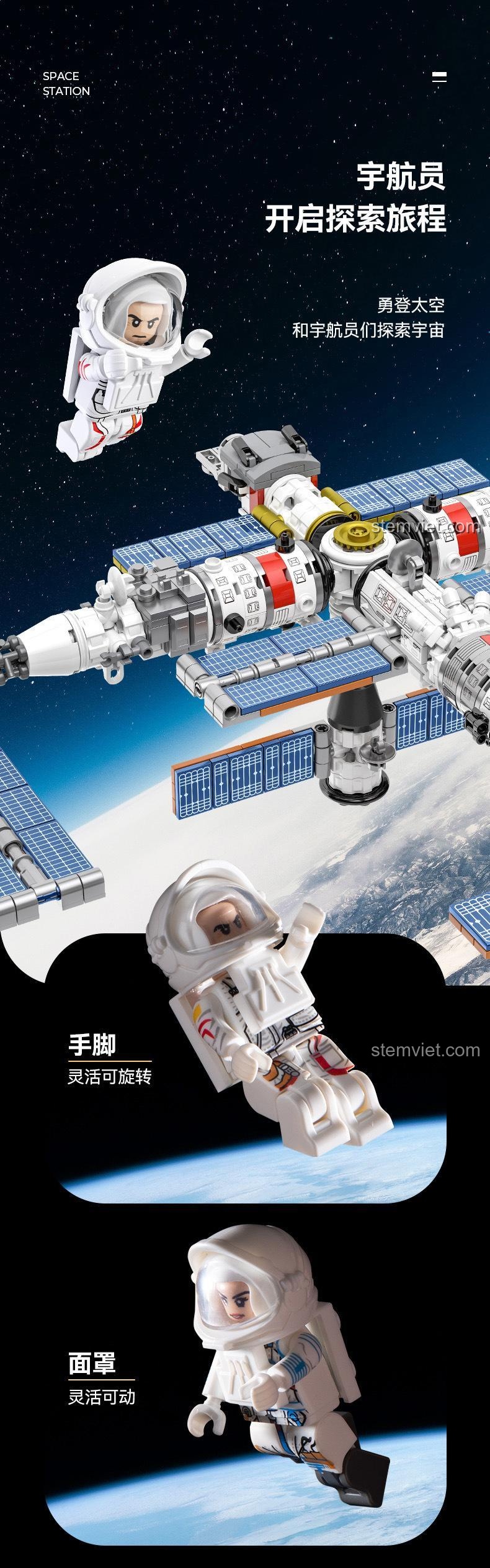 Chi tiết các minifigure phi hành gia trong bộ đồ chơi mô hình Trạm Vũ trụ Thiên Cung CAYI, với tay chân và mặt nạ linh hoạt.