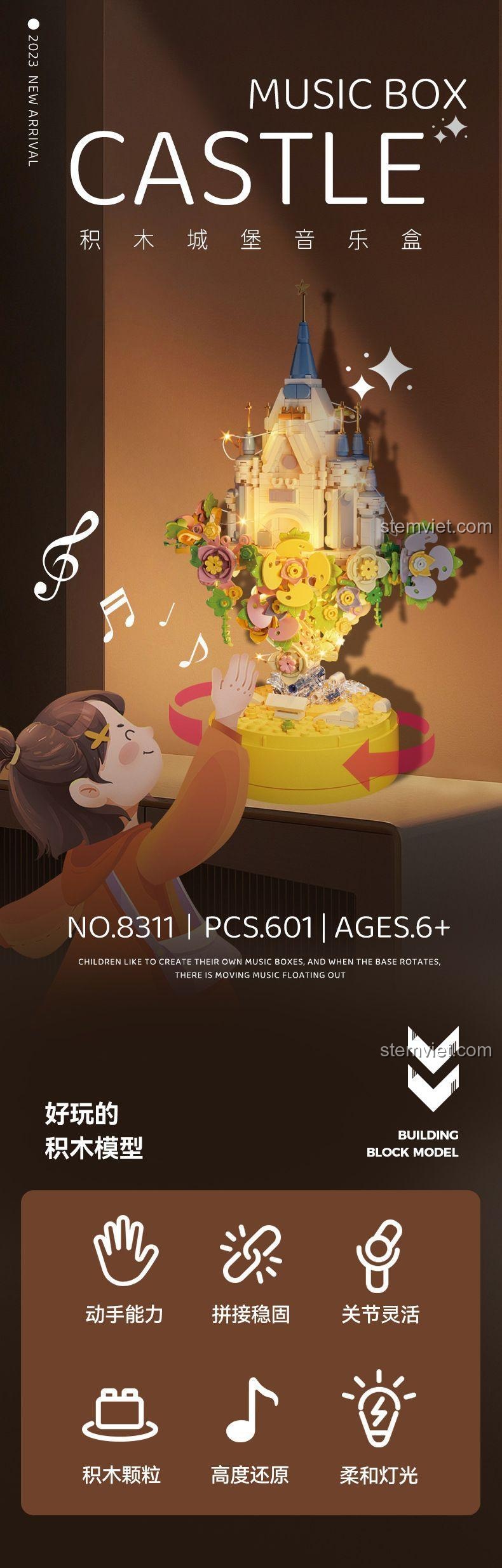 Chi tiết thiết kế tinh xảo của đồ chơi mô hình Lâu Đài Âm Nhạc CAYI 8311, bộ xếp hình lâu đài cổ tích, chất lượng cao cho bé gái.