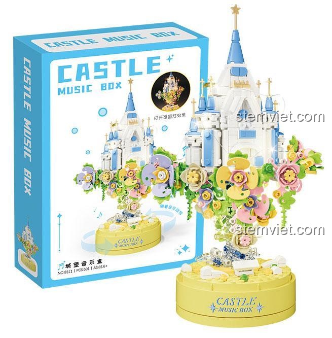 Mô hình Lâu Đài Âm Nhạc CAYI 8311 và hộp sản phẩm, bộ xếp hình lâu đài cổ tích có đèn LED và nhạc xoay, quà tặng bé gái 6 tuổi.