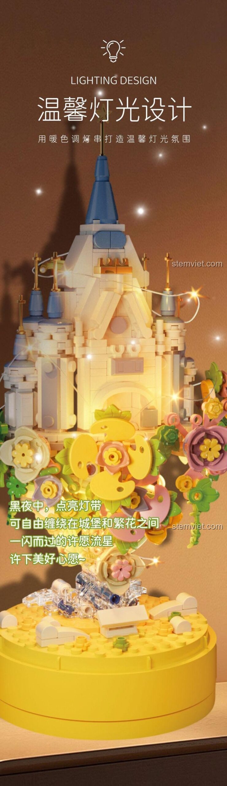 Thiết kế đèn LED ấm áp của Bộ xếp hình Mô Hình Lâu Đài Cổ Tích CAYI 8311, đồ chơi lắp ghép lâu đài xoay có nhạc, món quà đáng tiền.