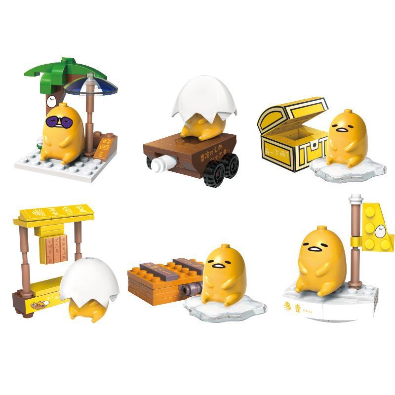 Gudetama - Bộ Lắp Ghép 6 Mẫu Đáng Yêu, 潮昇动漫 GD-120301, 蛋黄哥帆船, 蛋黄哥宝, 蛋黄哥阳光沙滩, 蛋黄哥小吃店, 蛋黄哥手提包, 蛋黄哥木推车, đồ chơi lắp ghép, đồ chơi mô hình, Con gái, 6+