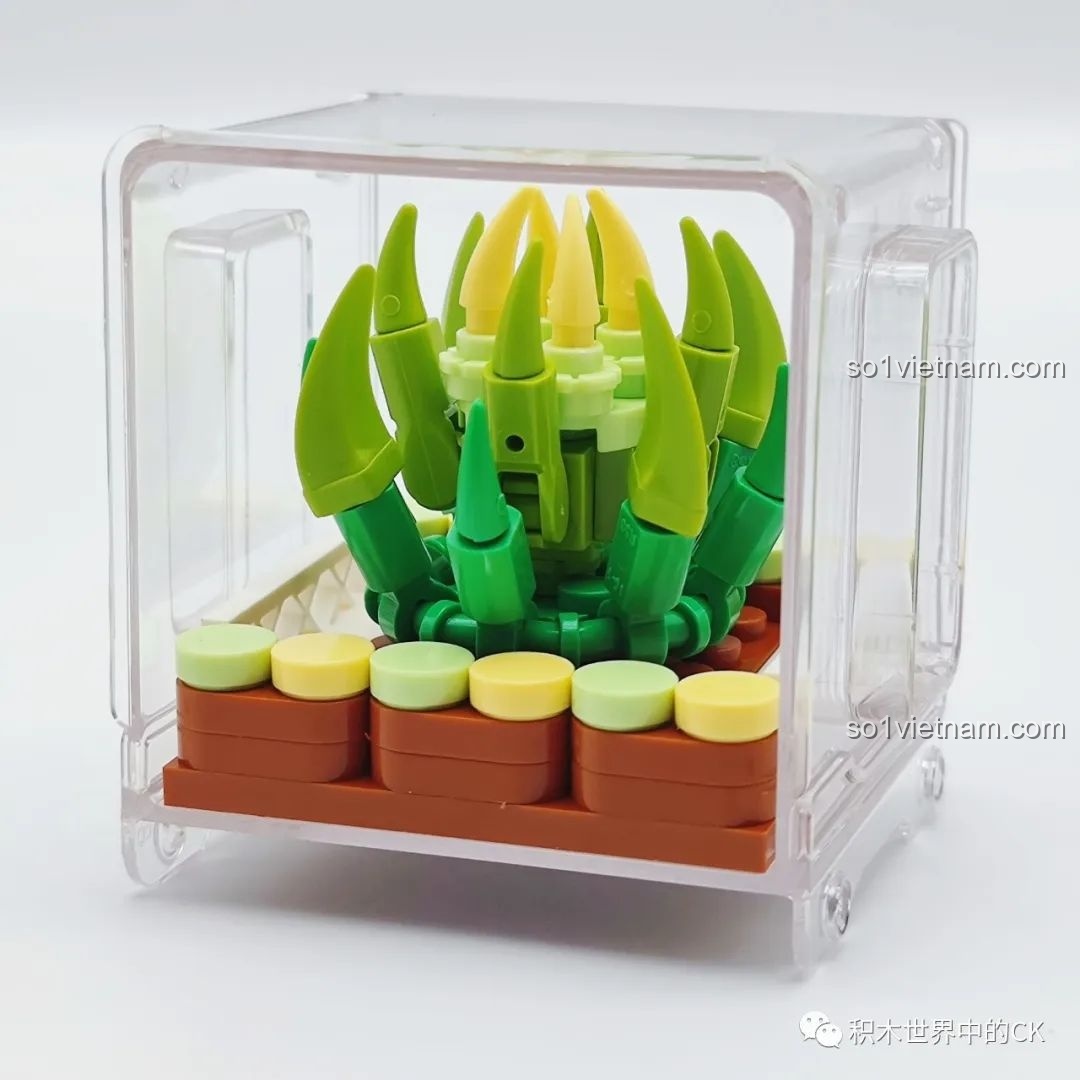 Mô hình chậu cành xanh bay bổng đã lắp ráp xong, đặt trong hộp trưng bày trong suốt của bộ AULDEY.