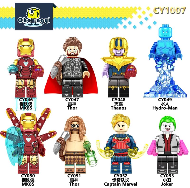 Bộ 8 Siêu Anh Hùng Chengyi CY1007 bao gồm Iron Man, Thor, Thanos, Hydro-Man, Captain Marvel, Joker