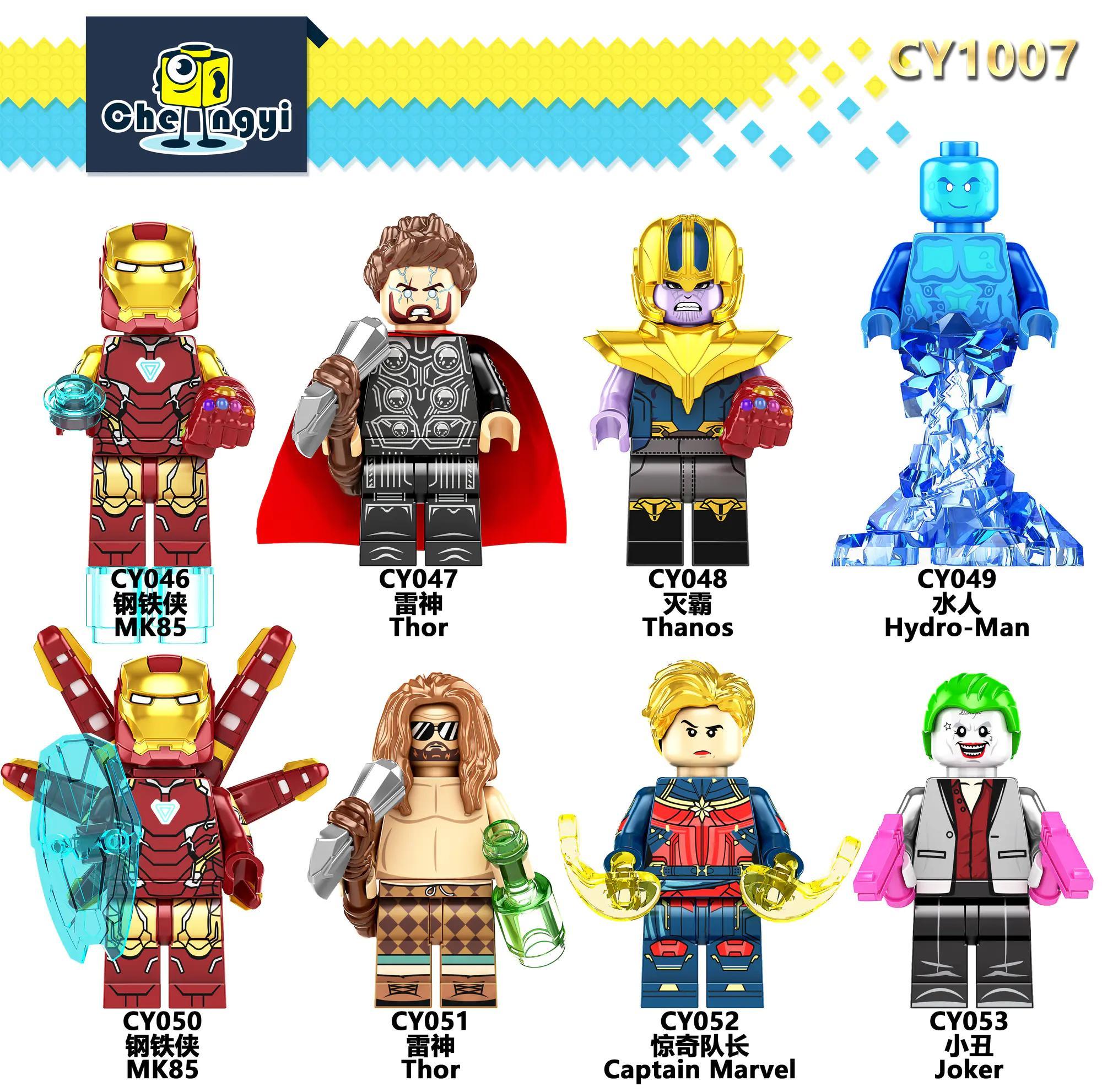 Bộ 8 Siêu Anh Hùng Chengyi CY1007 bao gồm Iron Man, Thor, Thanos, Hydro-Man, Captain Marvel, Joker