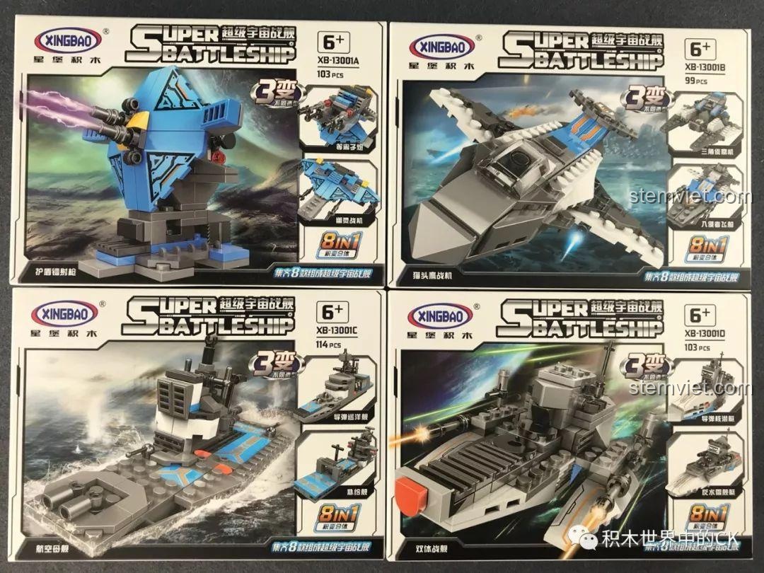 Cận cảnh 4 hộp nhỏ từ A đến D của bộ lắp ráp Xingbao 13001, giới thiệu các mô hình quân sự không gian.
