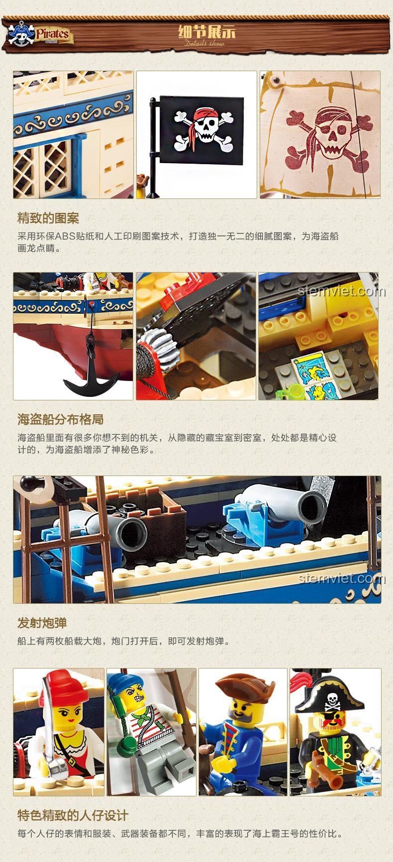 Chi tiết đồ chơi lắp ráp Tàu Hải Tặc Enlighten 311 với họa tiết tinh xảo, đại bác bắn đạn và thiết kế minifigure sống động, đồ chơi mô hình chất lượng cao.