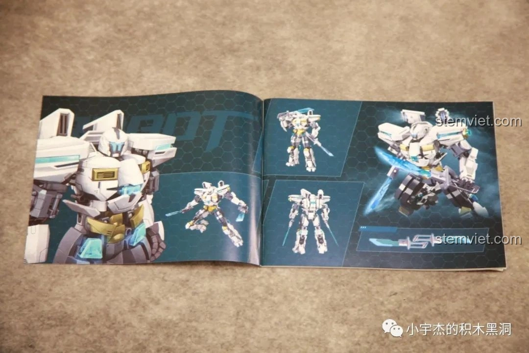 Trang bên trong sách hướng dẫn Sluban M38-B1151, hiển thị các tư thế và chi tiết của Robot Băng Phong Bảo Vệ.