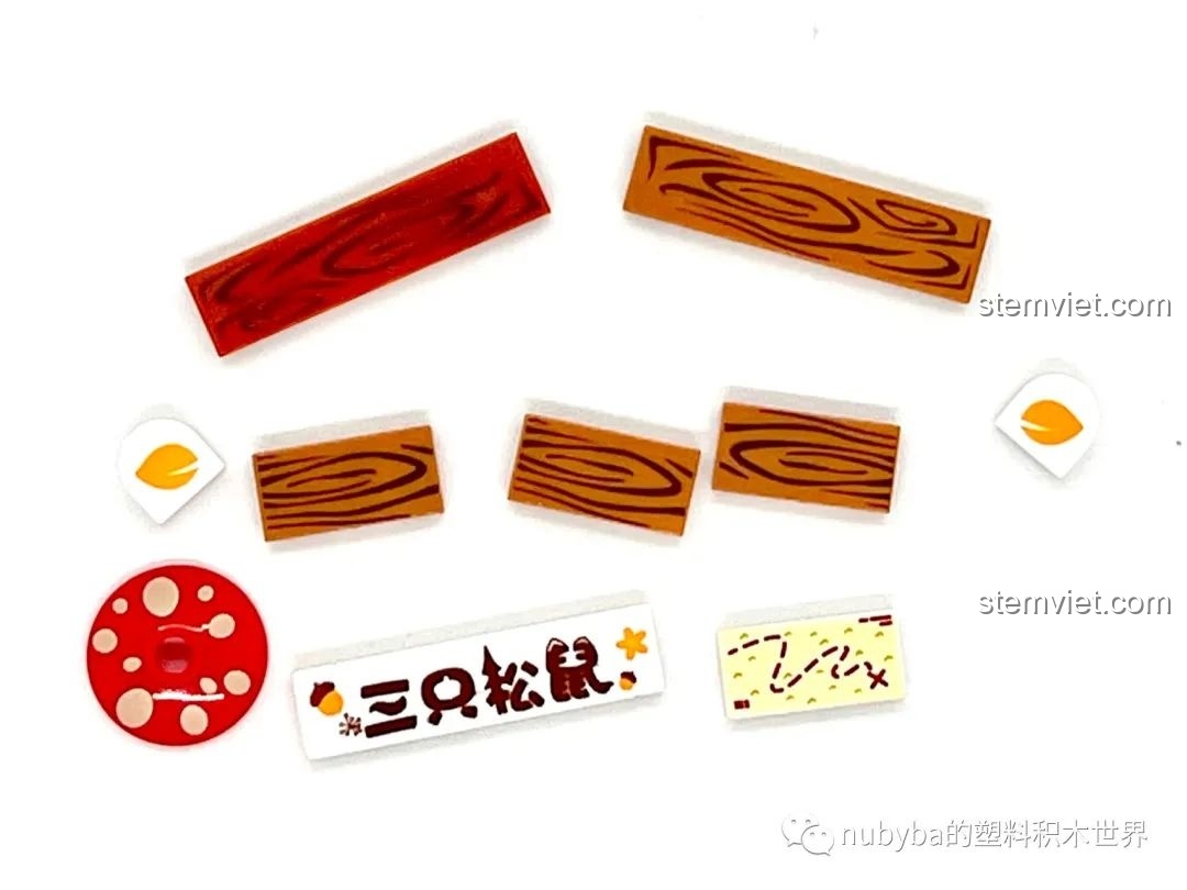 Các mảnh ghép in hình vân gỗ và logo Ba Chú Sóc trong bộ đồ chơi lắp ráp JAKI chất lượng cao.