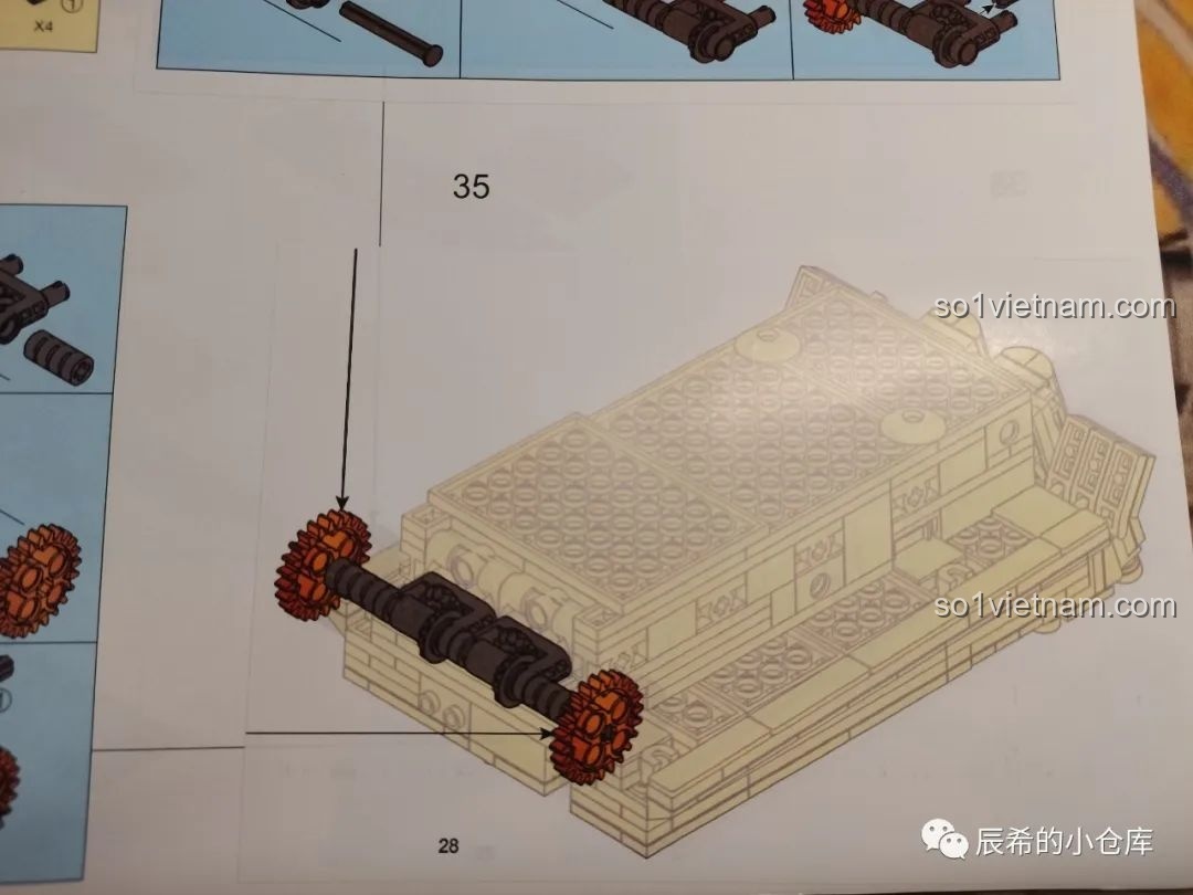 Một trang hướng dẫn lắp ráp của Sluban B0851 với các chi tiết màu sắc tương tự nhau, gây khó khăn khi phân biệt.