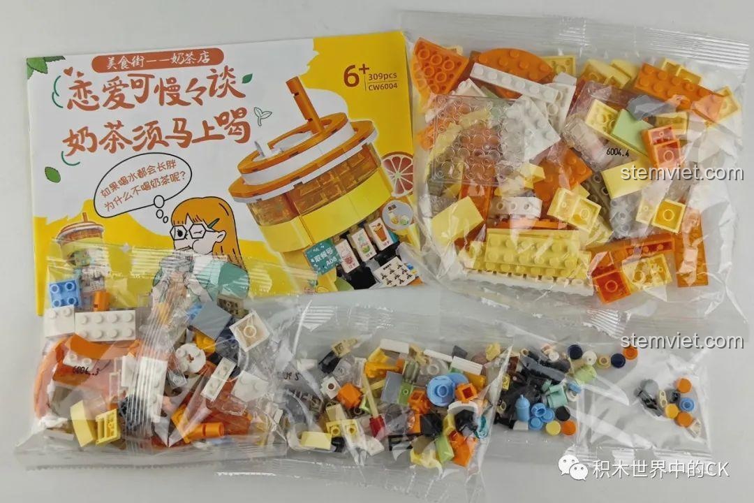 Các túi mảnh ghép nhựa ABS cao cấp của bộ lắp ghép Cửa hàng Trà Sữa Zhe Gao CW6004, màu sắc tươi sáng.