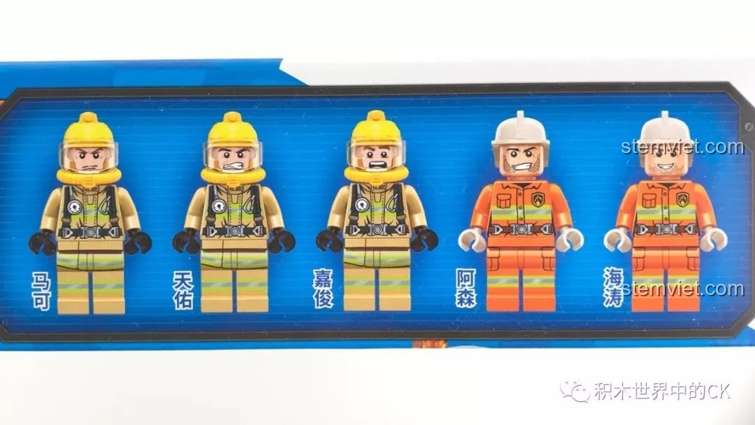 Cận cảnh 5 minifigures lính cứu hỏa và tài xế trong bộ xếp hình Đội cứu hỏa sân bay QMAN 2809.