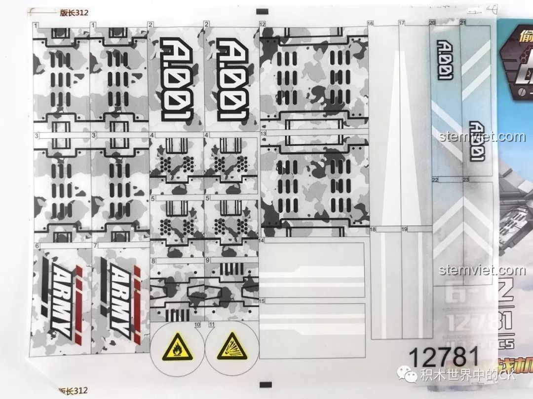 Cận cảnh các chi tiết trên tờ sticker của mô hình máy bay Zero Sembo 12781, bao gồm họa tiết camo và ký hiệu.