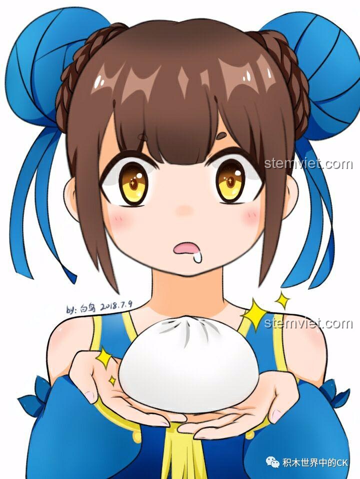 Hình ảnh chibi của nhân vật Yue Wushuang cầm bánh bao, gợi nhớ đến Chun-Li trong bộ lắp ráp Tiệm Bánh Bao Vô Song.