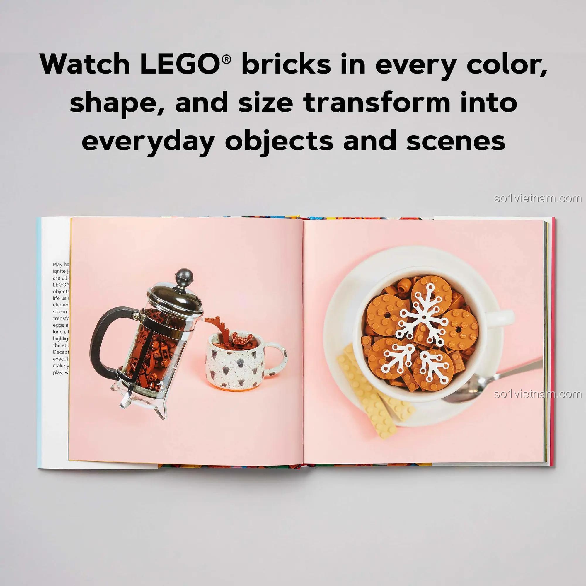 Sách ảnh LEGO của Chronicle ISBN9781452179629, các trang sách mở ra với thiết kế và màu sắc bắt mắt, thu hút thanh niên yêu nghệ thuật.