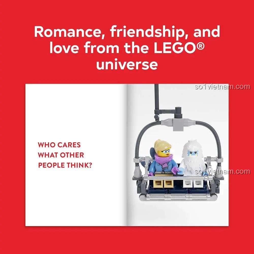 Đồ chơi giáo dục Chronicle Sách về minifigures LEGO® Chronicle, trang sách mở với hai minifigure trên cáp treo tuyết, kèm câu nói WHO CARES WHAT OTHER PEOPLE THINK?, phù hợp cho thanh niên 12 tuổi, giá tốt.