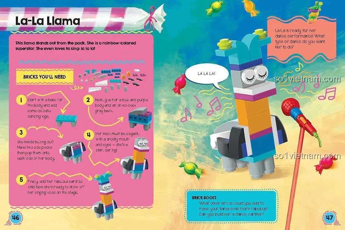 Bộ đồ chơi Chronicle ISBN9781728220598, trang hướng dẫn lắp ráp La-La Llama, ý tưởng lắp ráp động vật dễ thương, đồ chơi sáng tạo cho trẻ em.