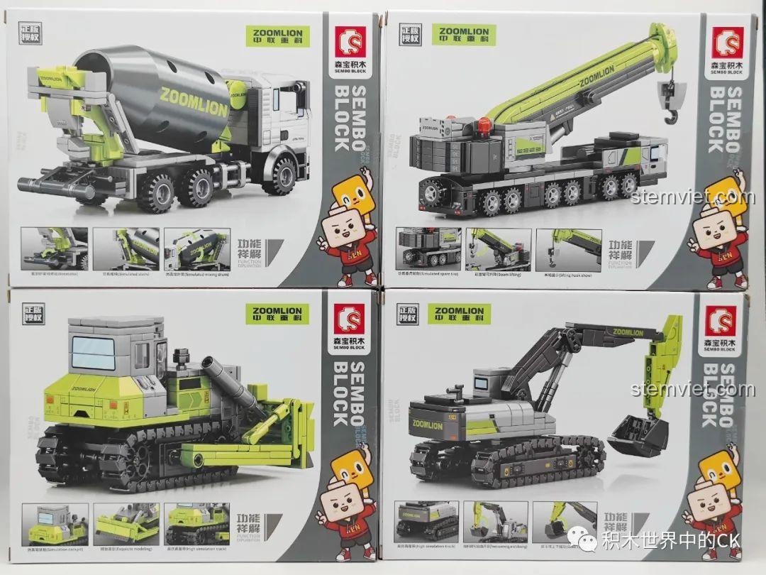 Mặt sau của 4 hộp xe công trình SEMBO cho thấy các chức năng có thể cử động của từng mô hình.