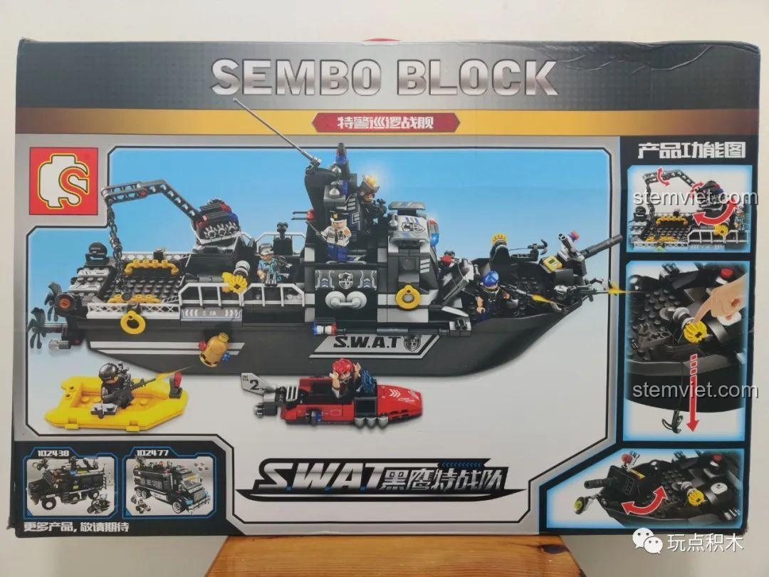 Mặt sau hộp bộ lắp ráp Thuyền Tuần Tra Cảnh Sát SEMBO 102467 mô tả các chức năng và chi tiết của mô hình.