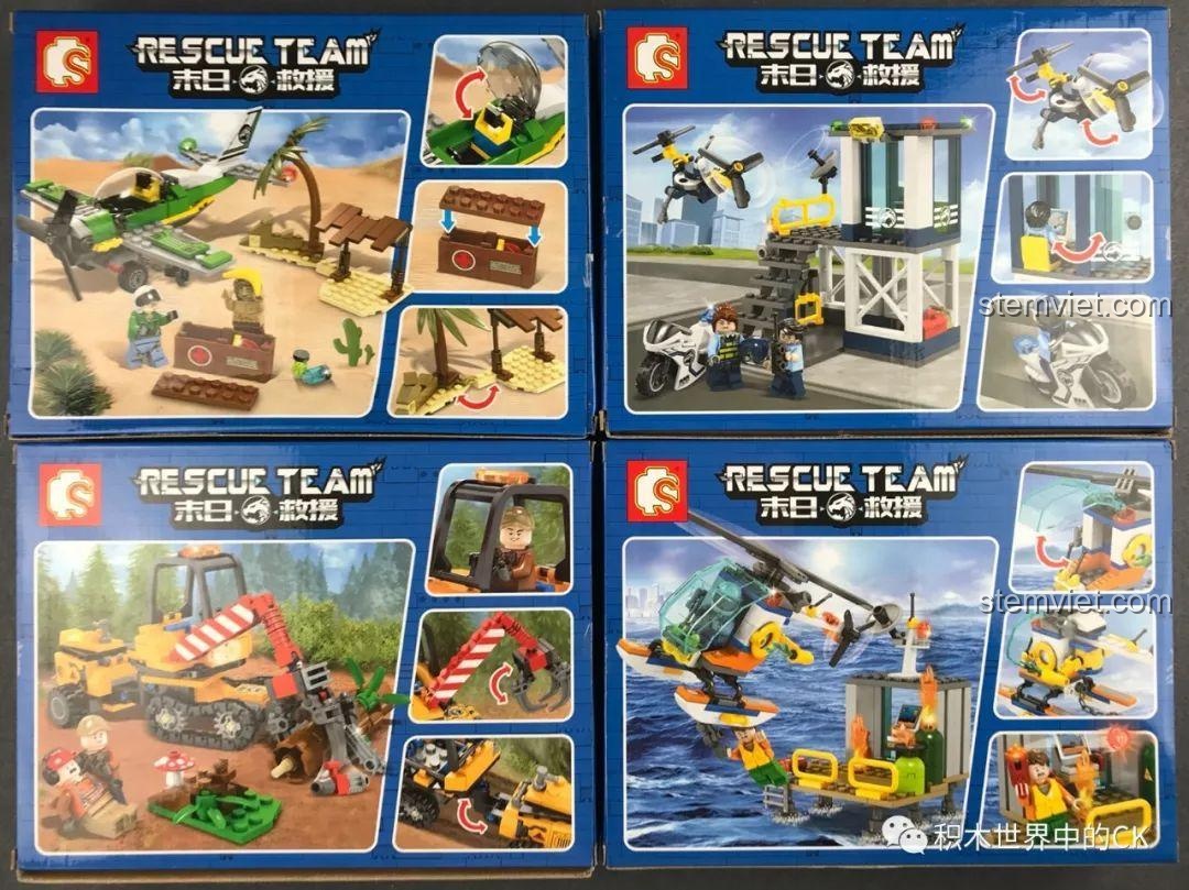 Mặt sau của 4 hộp đồ chơi lắp ráp series SEMBO Đội Cứu Hộ Ngày Tận Thế, mô tả các chức năng của mô hình.