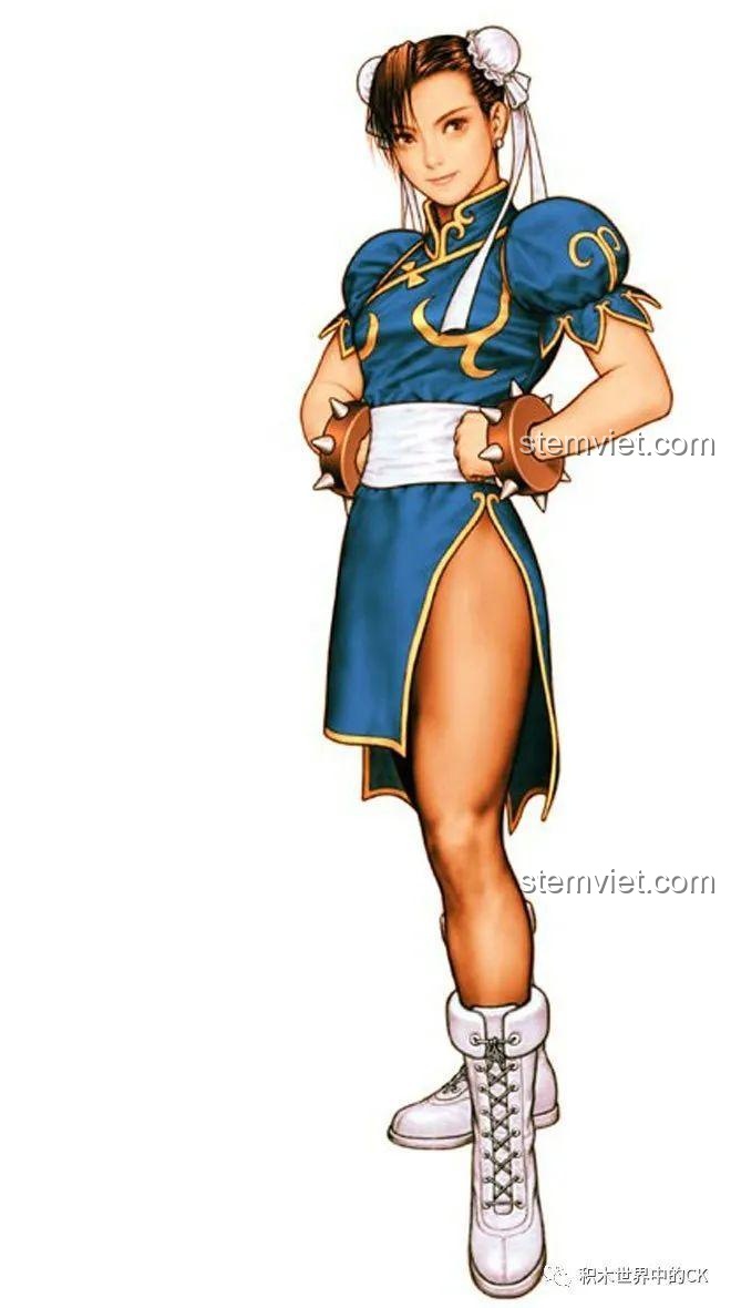 Chun-Li trong trang phục truyền thống màu xanh, thể hiện sự duyên dáng và sức mạnh của nhân vật.