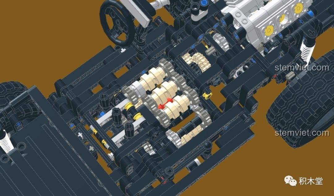 Cơ cấu gầm xe của bộ xếp hình Vua địa Jeep Wrangler Rubicon với các chức năng được chỉ rõ.