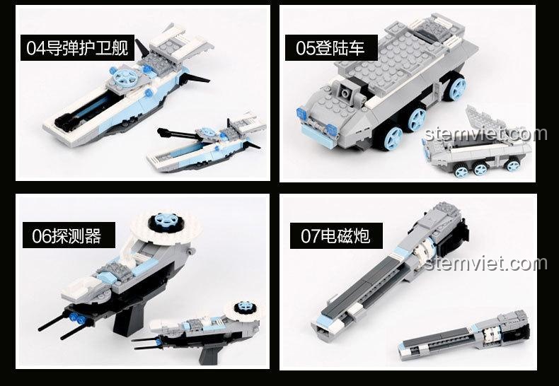 Ảnh chụp thực tế mô hình hợp thể của bộ lắp ráp Tàu mẹ không gian Lingdong cùng 4 minifigures phi hành gia.
