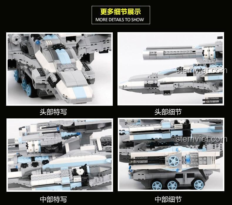 Chi tiết cận cảnh phần đầu và phần giữa của bộ đồ chơi Chiến hạm không gian Lingdong, thể hiện thiết kế phức tạp.