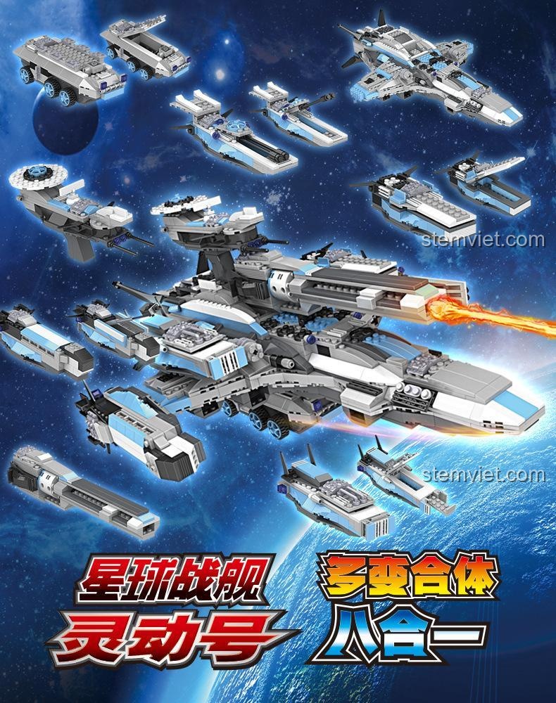 Poster quảng cáo ấn tượng của đồ chơi xếp hình COGO 15050, mô tả cảnh chiến hạm Lingdong đang khai hỏa trong vũ trụ.