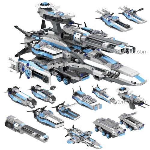 Toàn bộ hạm đội không gian mini từ bộ đồ chơi COGO 15050, bao gồm 1 siêu chiến hạm và 12 phương tiện nhỏ hơn, giá tốt.